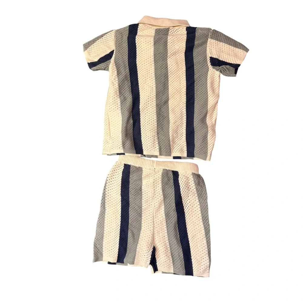 HM Kids 2T Striped Pointelle Knit Polo Shirt and Shorts Set Cream Grey Navy 0187
